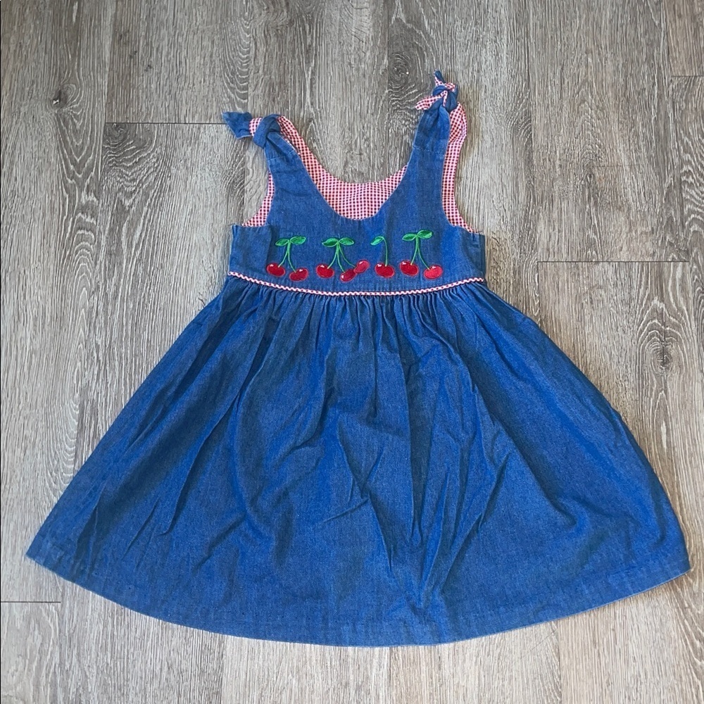 Vintage 90s Copper Key denim little girls dress cherries chambray size 5 gingham
